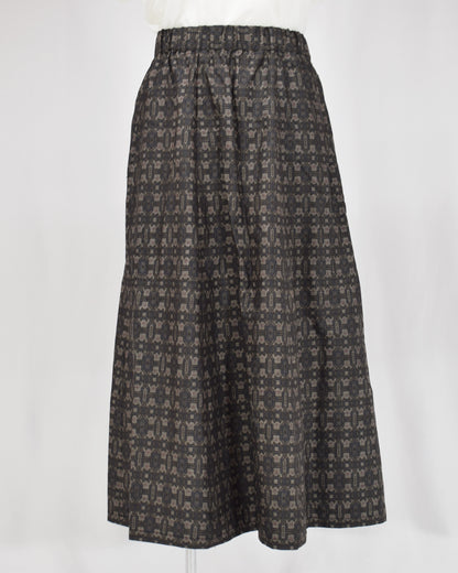 Six-Panel Skirt, Dark Brown Geometric Motif, Upcycled Kimono Fabric