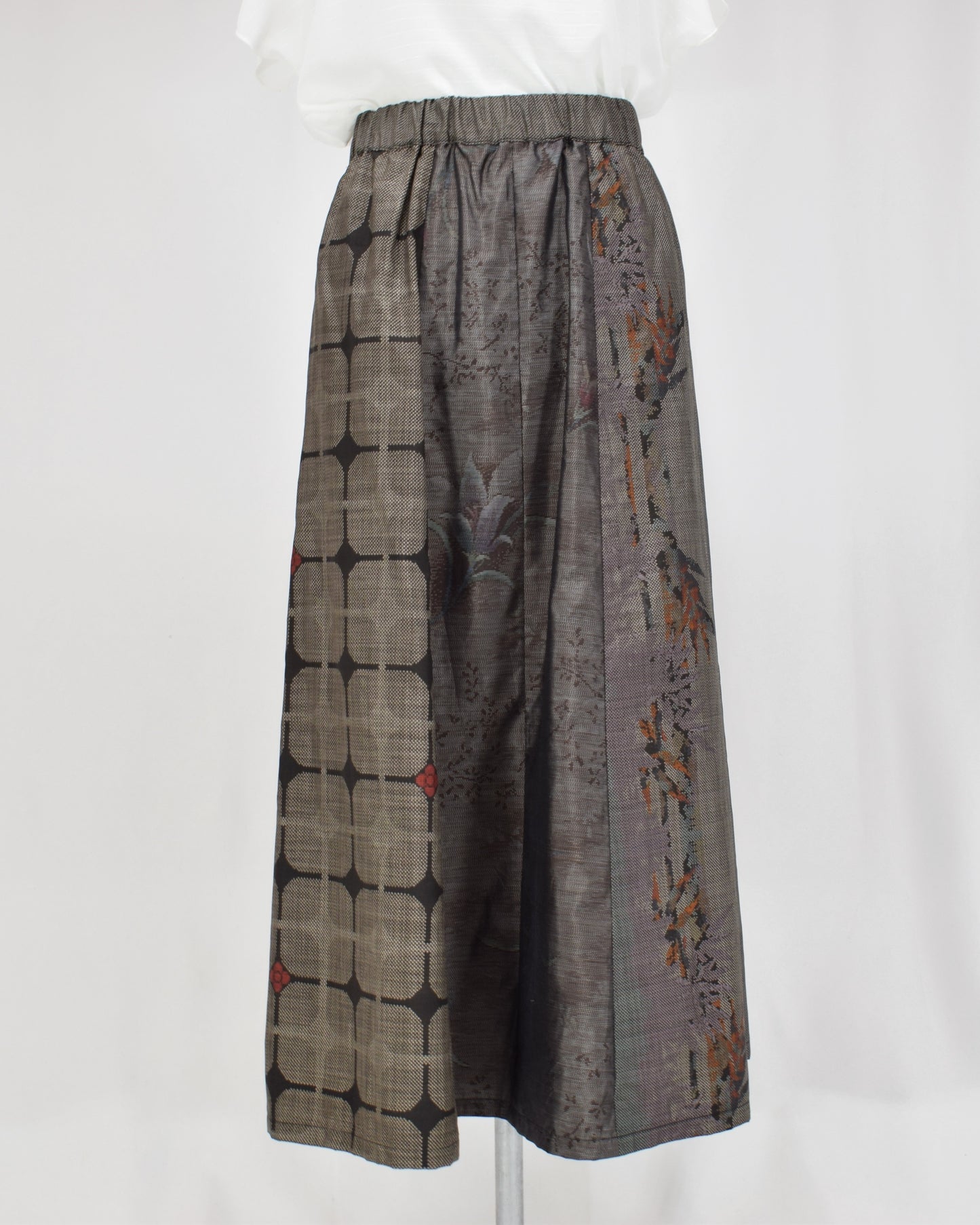 Six-Panel Skirt, Gray Geometric and Botanical, Upcycled Kimono Fabric