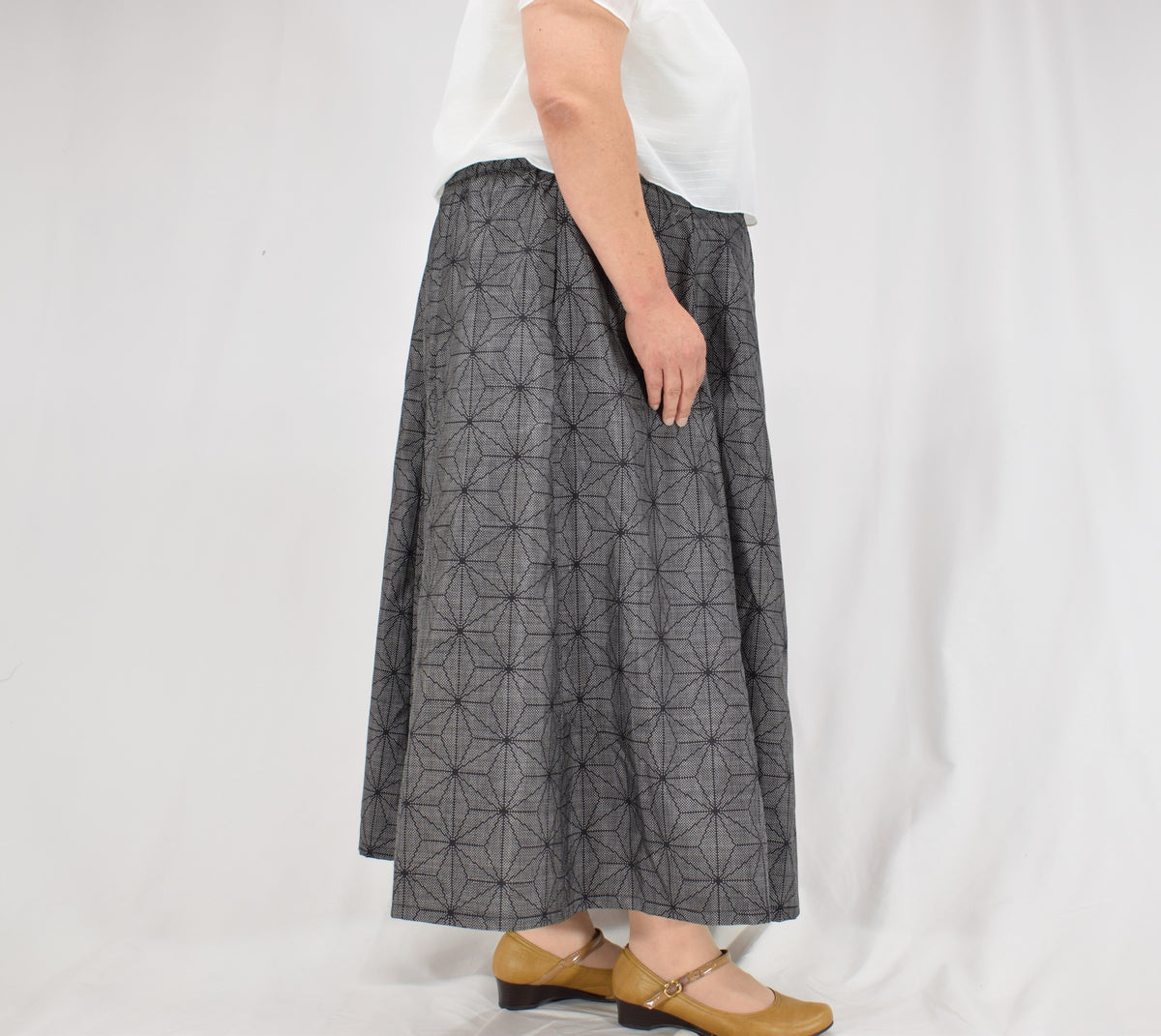 Eight-Panel Skirt, Gray Hemp Leaf Motif, Upcycled Kimono Fabric