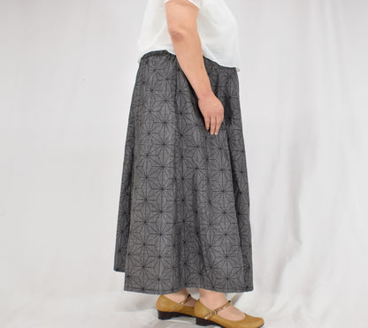 Eight-Panel Skirt, Gray Hemp Leaf Motif, Upcycled Kimono Fabric