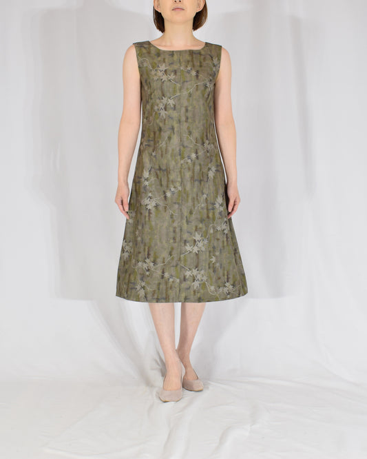 A-Line Sleeveless Dress, Green Maple Leaf, Upcycled Kimono Fabric