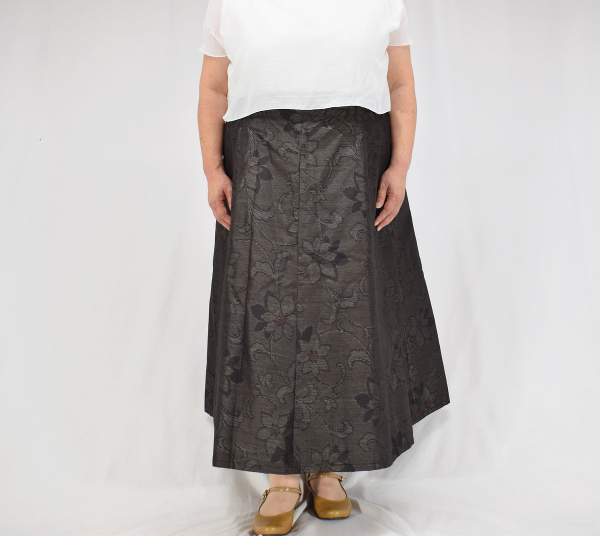 Eight-Panel Skirt, Dark Brown Floral Motif, Upcycled Kimono Fabric