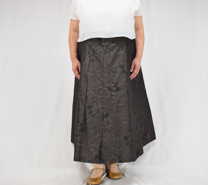 Eight-Panel Skirt, Dark Brown Floral Motif, Upcycled Kimono Fabric