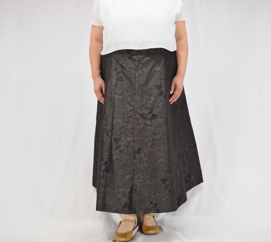 Eight-Panel Skirt, Dark Brown Floral Motif, Upcycled Kimono Fabric