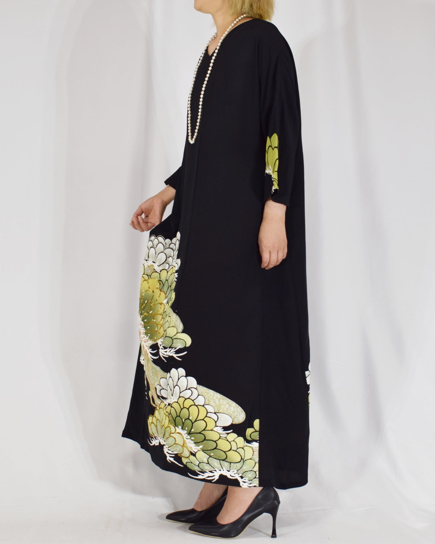 Elegant Kimono Dress, Chrysanthemum Motif, Upcycled Tomesode Fabric