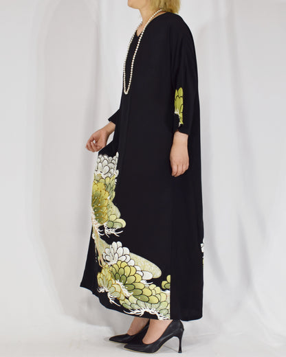 Elegant Kimono Dress, Chrysanthemum Motif, Upcycled Tomesode Fabric