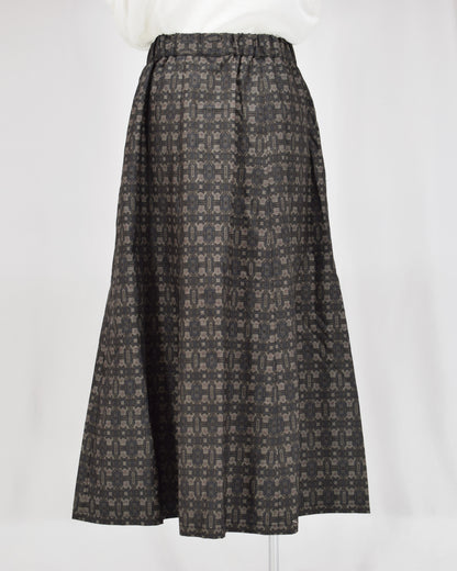 Six-Panel Skirt, Dark Brown Geometric Motif, Upcycled Kimono Fabric