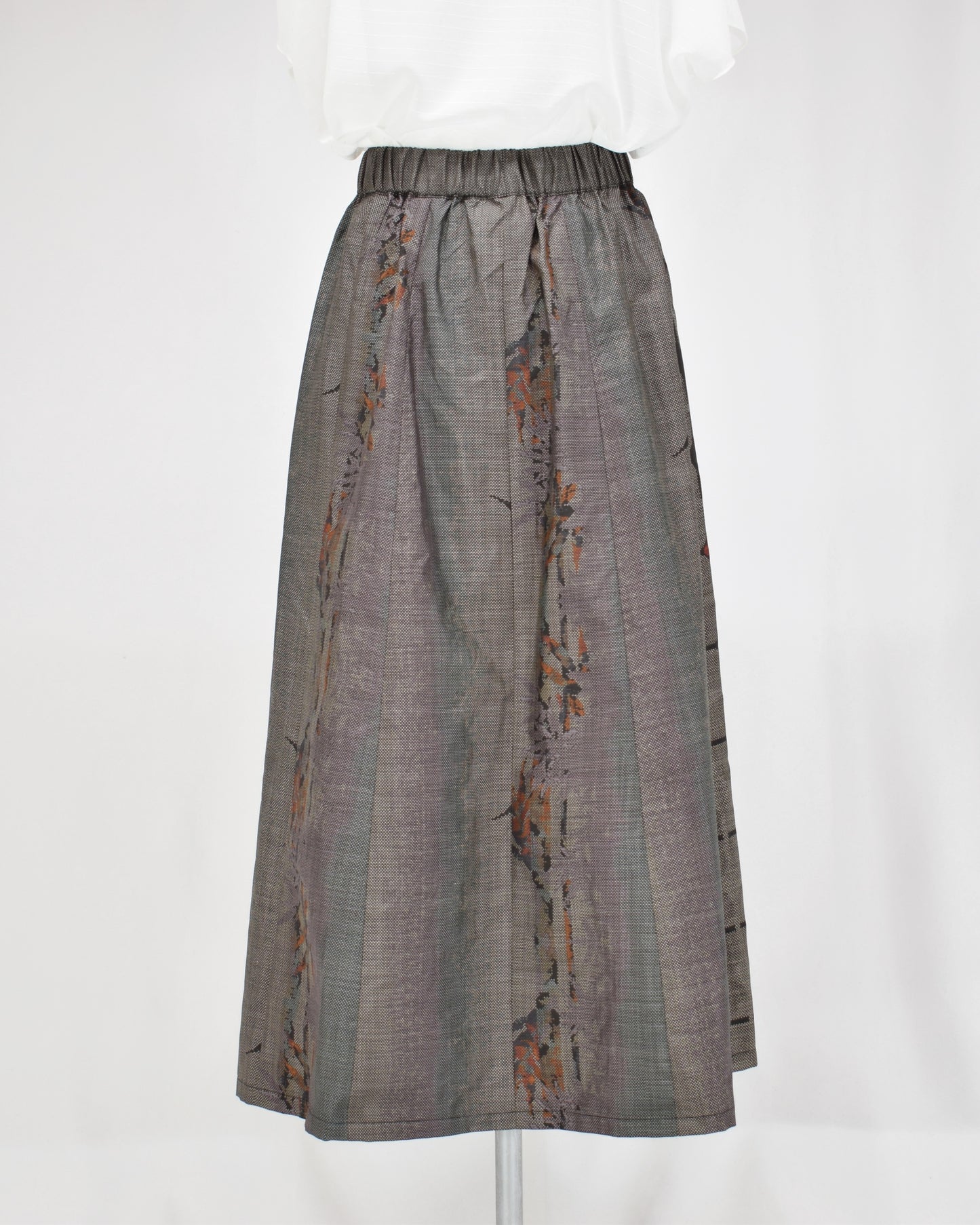 Six-Panel Skirt, Gray Geometric and Botanical, Upcycled Kimono Fabric