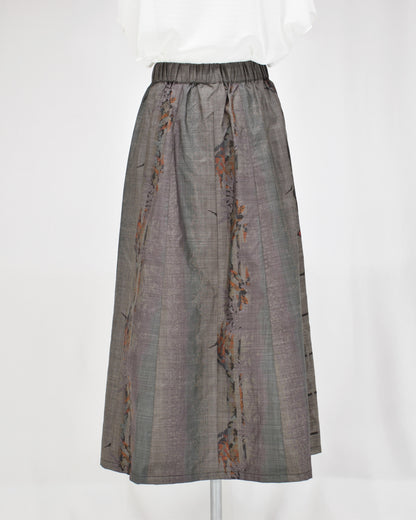 Six-Panel Skirt, Gray Geometric and Botanical, Upcycled Kimono Fabric