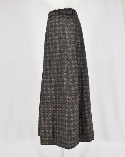 Six-Panel Skirt, Dark Brown Geometric Motif, Upcycled Kimono Fabric