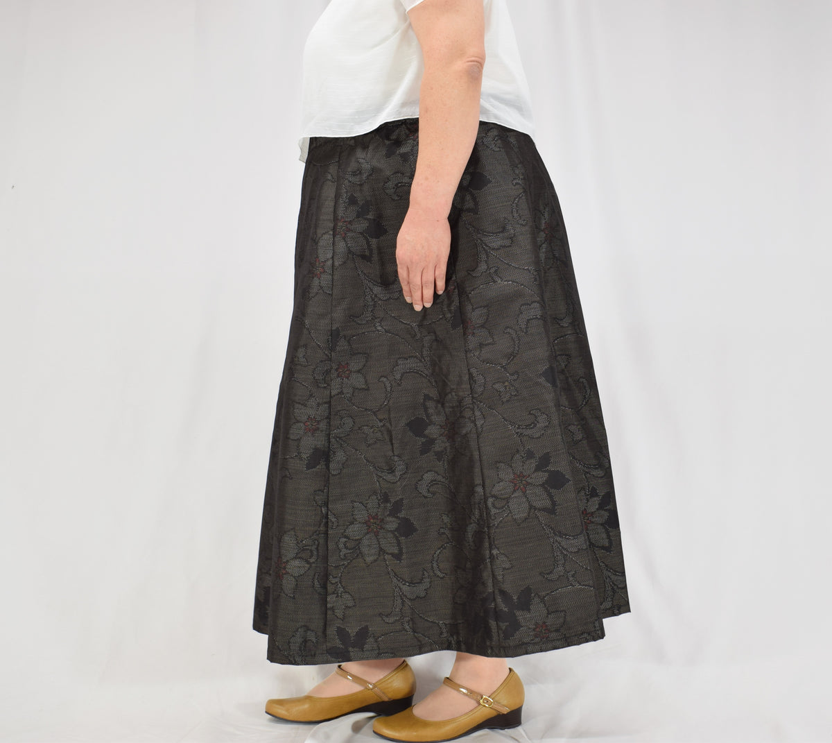 Eight-Panel Skirt, Dark Brown Floral Motif, Upcycled Kimono Fabric