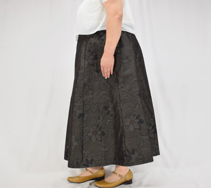 Eight-Panel Skirt, Dark Brown Floral Motif, Upcycled Kimono Fabric