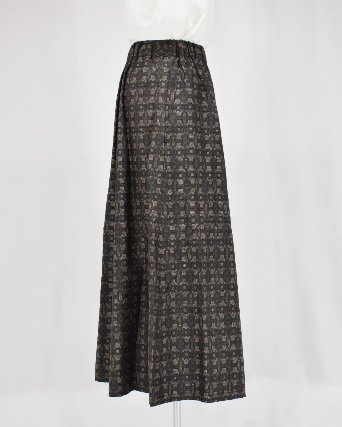 Six-Panel Skirt, Dark Brown Geometric Motif, Upcycled Kimono Fabric