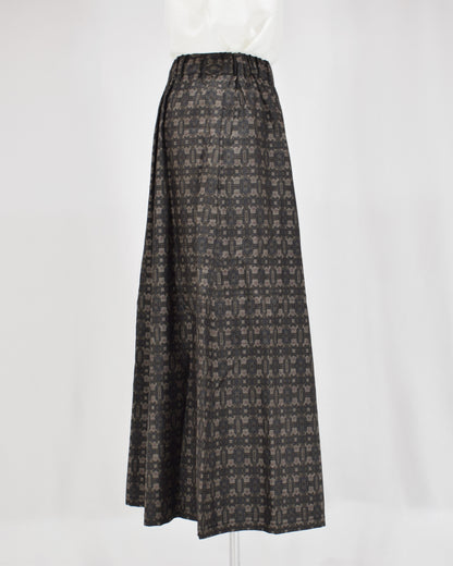 Six-Panel Skirt, Dark Brown Geometric Motif, Upcycled Kimono Fabric