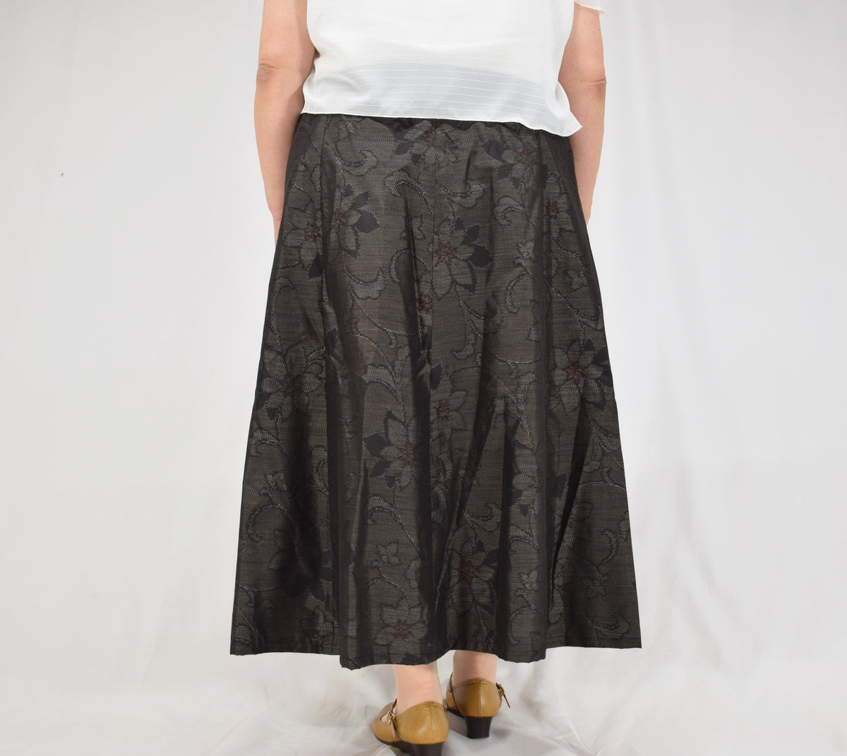 Eight-Panel Skirt, Dark Brown Floral Motif, Upcycled Kimono Fabric