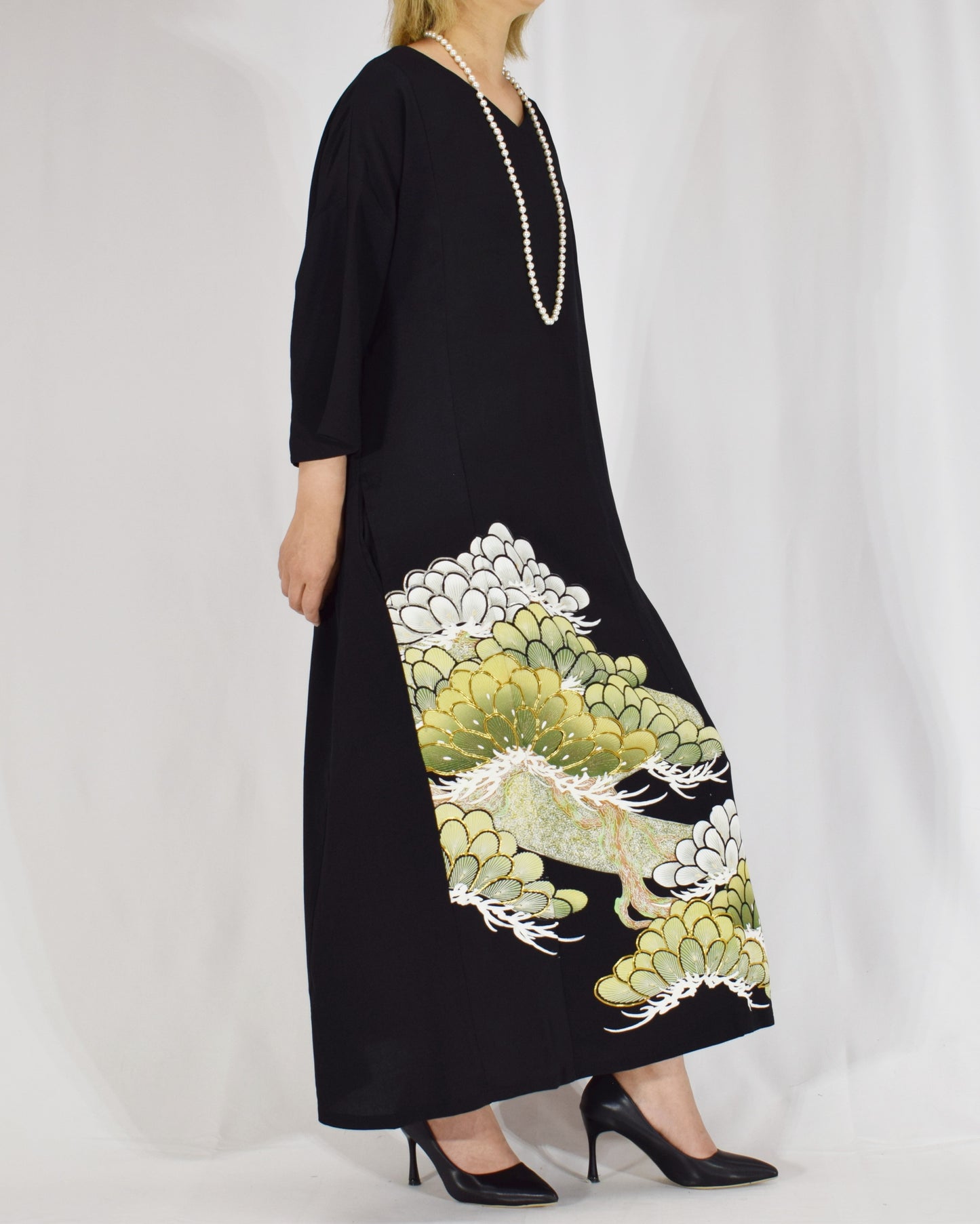 Elegant Kimono Dress, Chrysanthemum Motif, Upcycled Tomesode Fabric