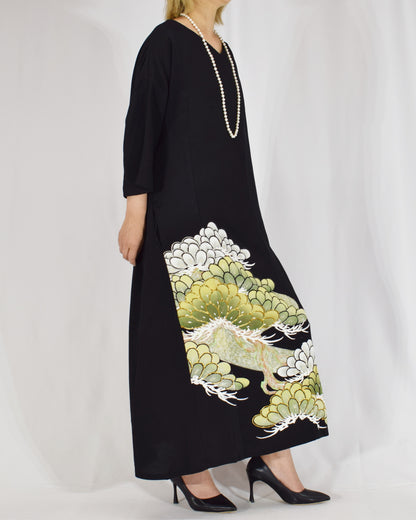 Elegant Kimono Dress, Chrysanthemum Motif, Upcycled Tomesode Fabric