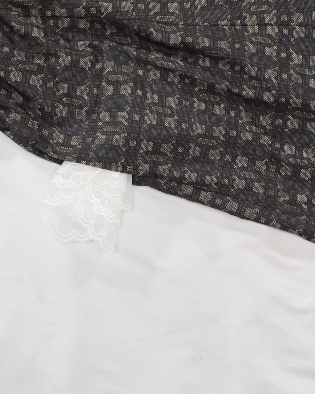 Six-Panel Skirt, Dark Brown Geometric Motif, Upcycled Kimono Fabric