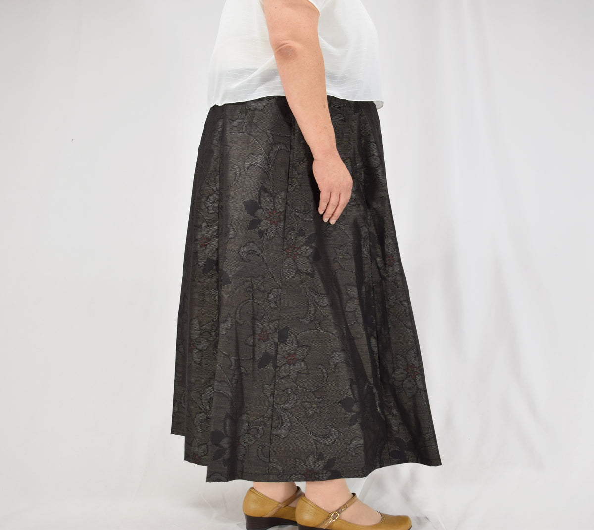 Eight-Panel Skirt, Dark Brown Floral Motif, Upcycled Kimono Fabric