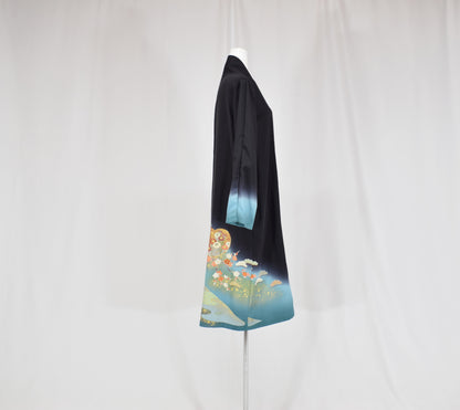 黒・水色 草花と風景文様 羽織 着物リメイク 一点物