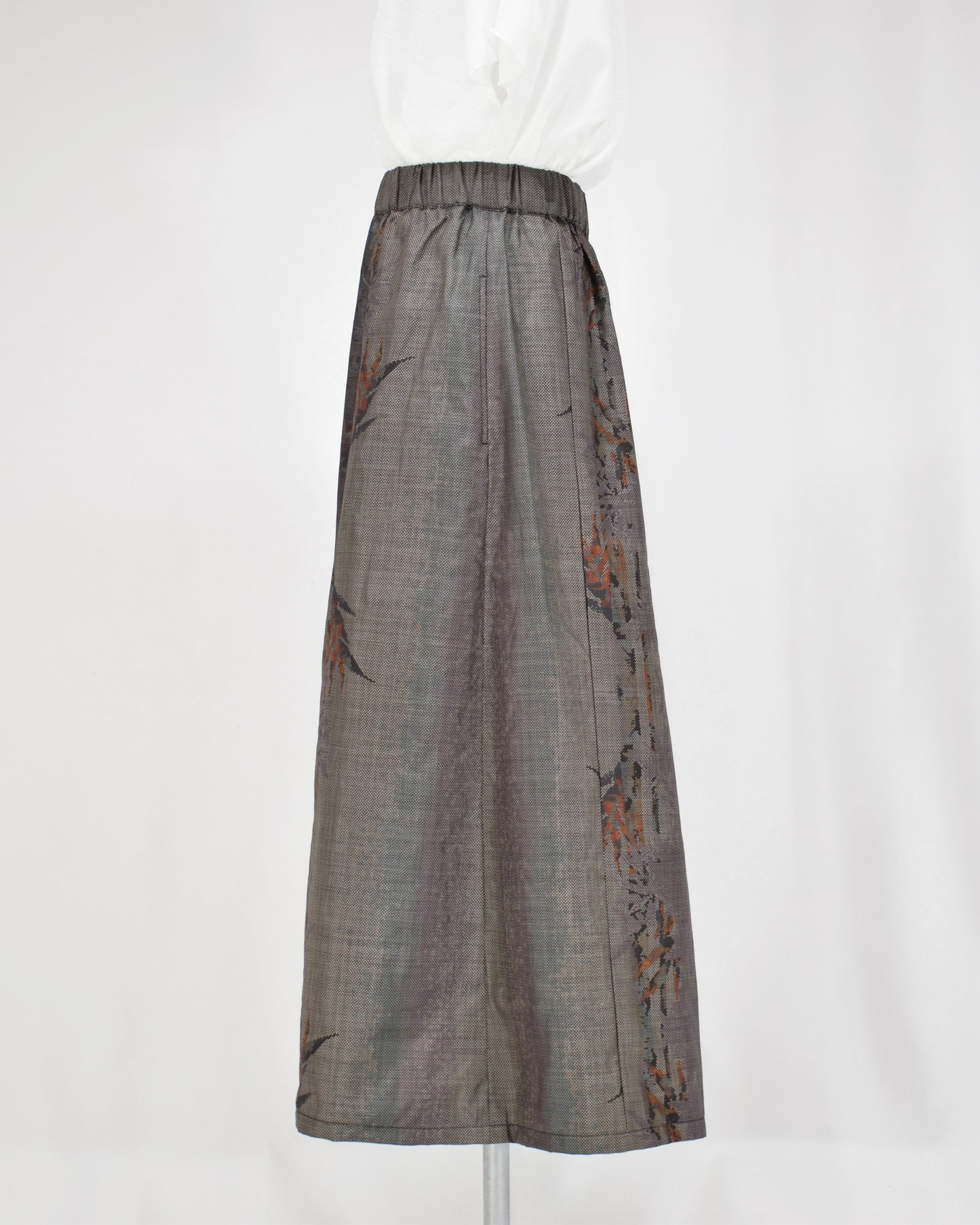 Six-Panel Skirt, Gray Geometric and Botanical, Upcycled Kimono Fabric