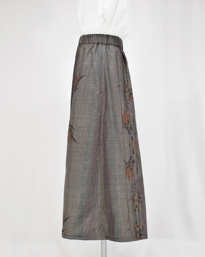 Six-Panel Skirt, Gray Geometric and Botanical, Upcycled Kimono Fabric