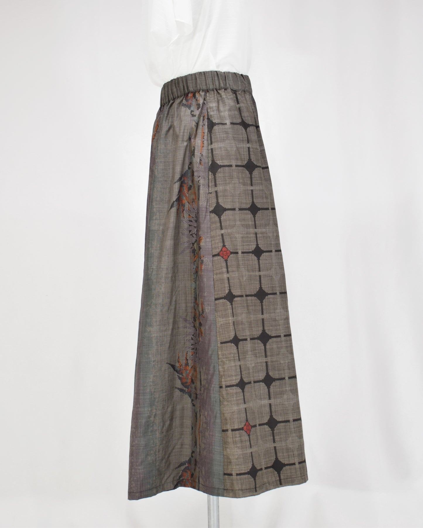 Six-Panel Skirt, Gray Geometric and Botanical, Upcycled Kimono Fabric