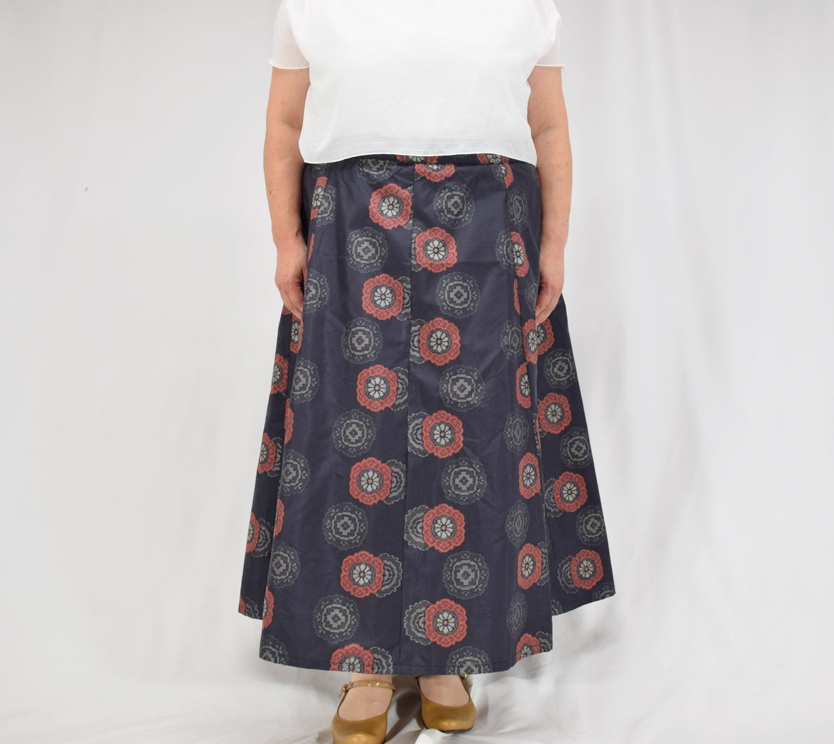 Eight-Panel Skirt, Navy Floral Medallion Motif, Upcycled Kimono Fabric