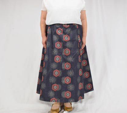 Eight-Panel Skirt, Navy Floral Medallion Motif, Upcycled Kimono Fabric
