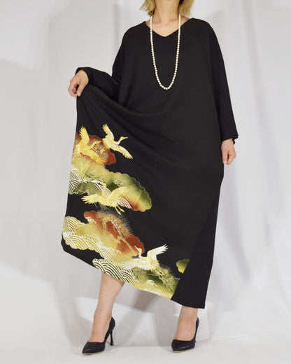Elegant Kimono Dress, Crane, Pine and Wave Motif, Upcycled Tomesode Fabric