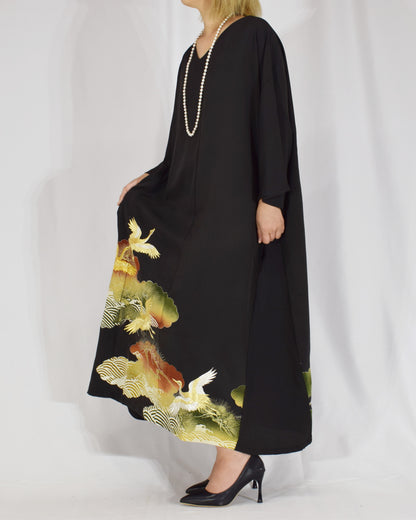 Elegant Kimono Dress, Crane, Pine and Wave Motif, Upcycled Tomesode Fabric