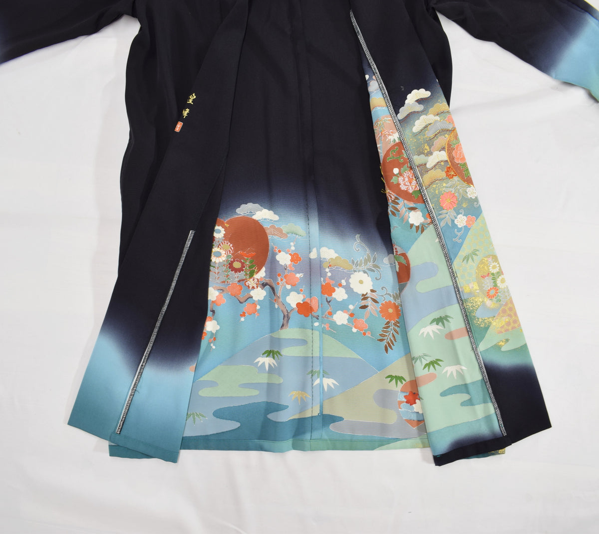 黒・水色 草花と風景文様 羽織 着物リメイク 一点物