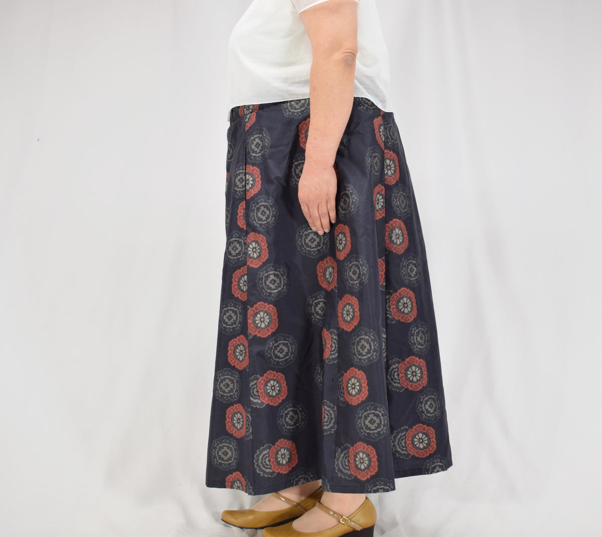 Eight-Panel Skirt, Navy Floral Medallion Motif, Upcycled Kimono Fabric