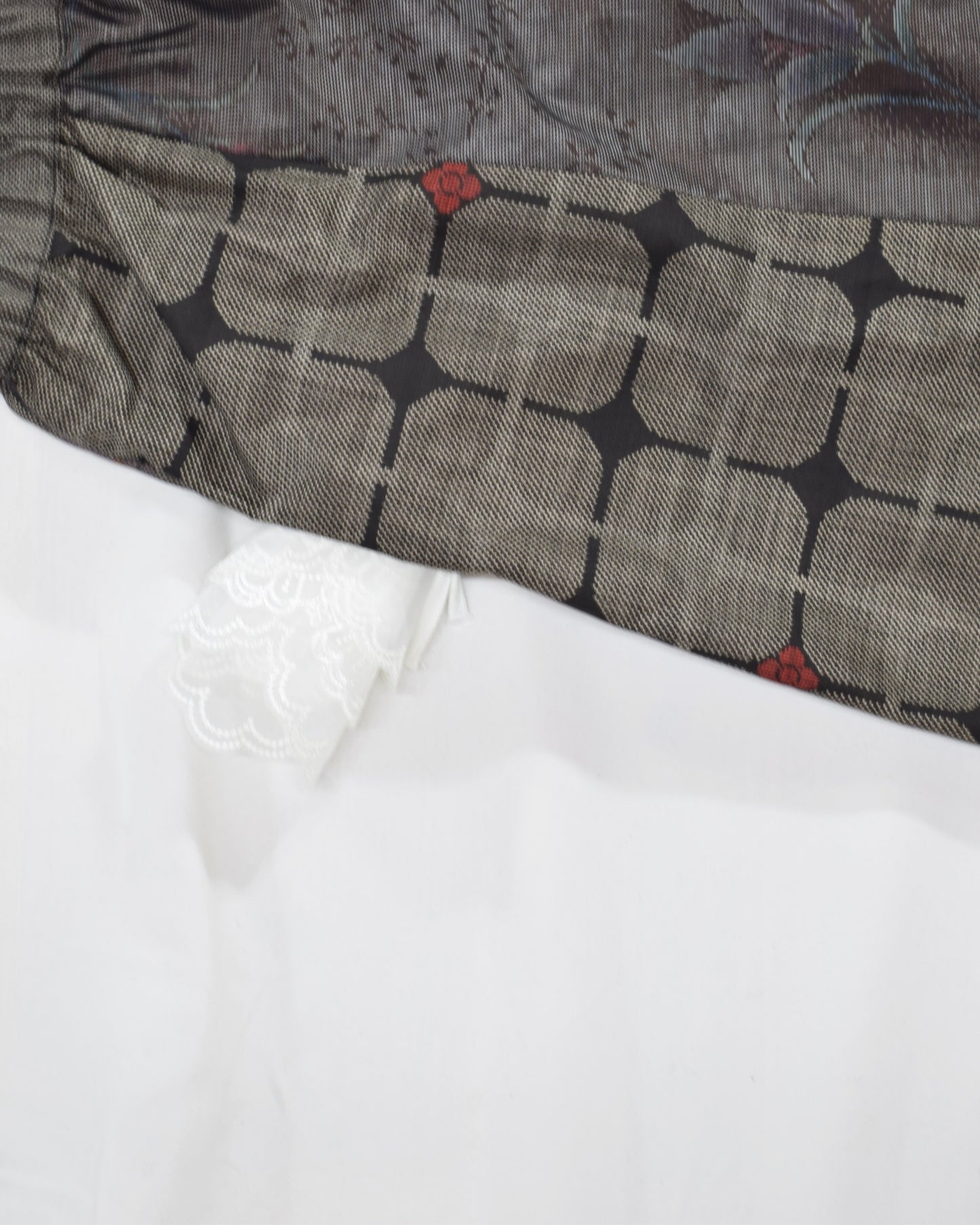 Six-Panel Skirt, Gray Geometric and Botanical, Upcycled Kimono Fabric