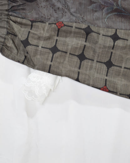 Six-Panel Skirt, Gray Geometric and Botanical, Upcycled Kimono Fabric
