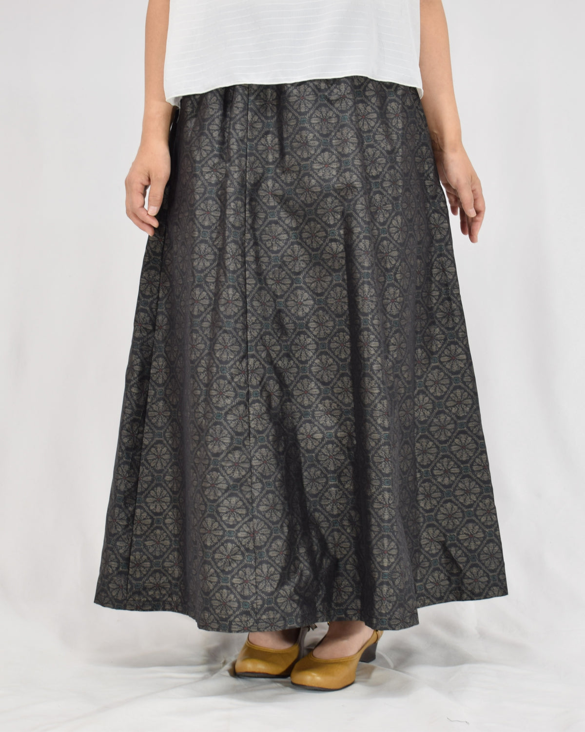 Six-Panel Skirt, Navy Circular Geometric Motif, Upcycled Kimono Fabric