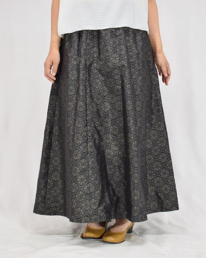Six-Panel Skirt, Navy Circular Geometric Motif, Upcycled Kimono Fabric