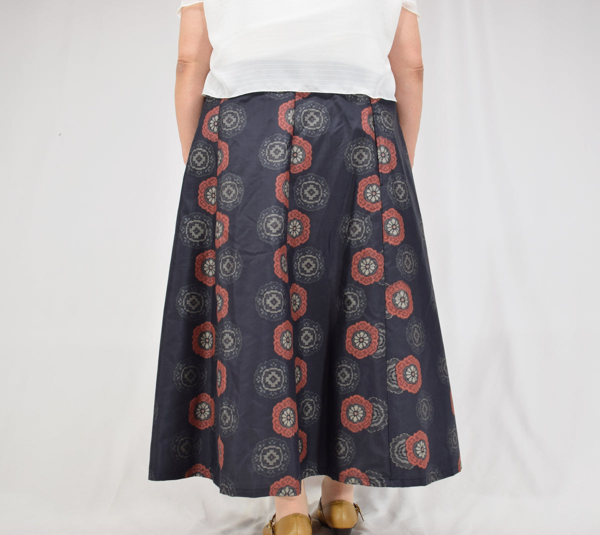 Eight-Panel Skirt, Navy Floral Medallion Motif, Upcycled Kimono Fabric