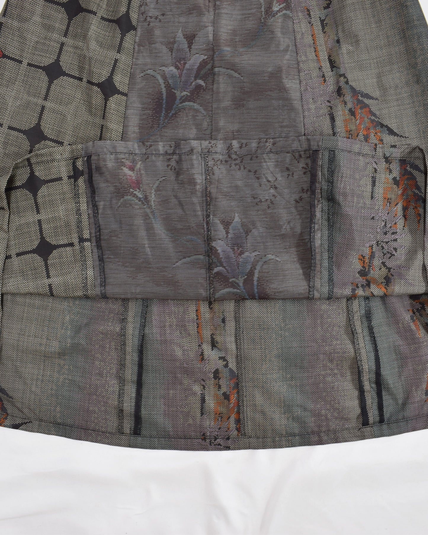 Six-Panel Skirt, Gray Geometric and Botanical, Upcycled Kimono Fabric
