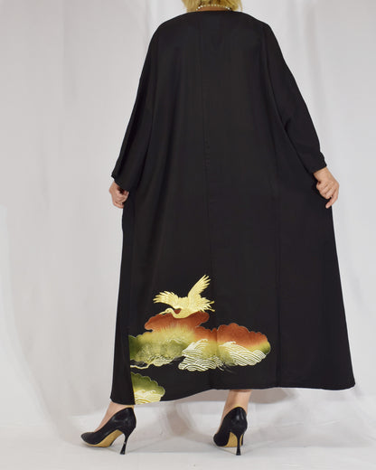 Elegant Kimono Dress, Crane, Pine and Wave Motif, Upcycled Tomesode Fabric