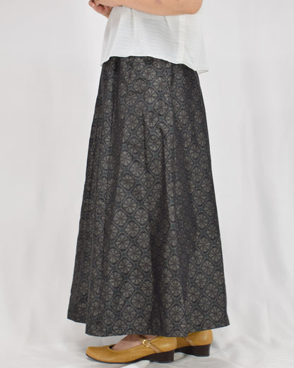 Six-Panel Skirt, Navy Circular Geometric Motif, Upcycled Kimono Fabric