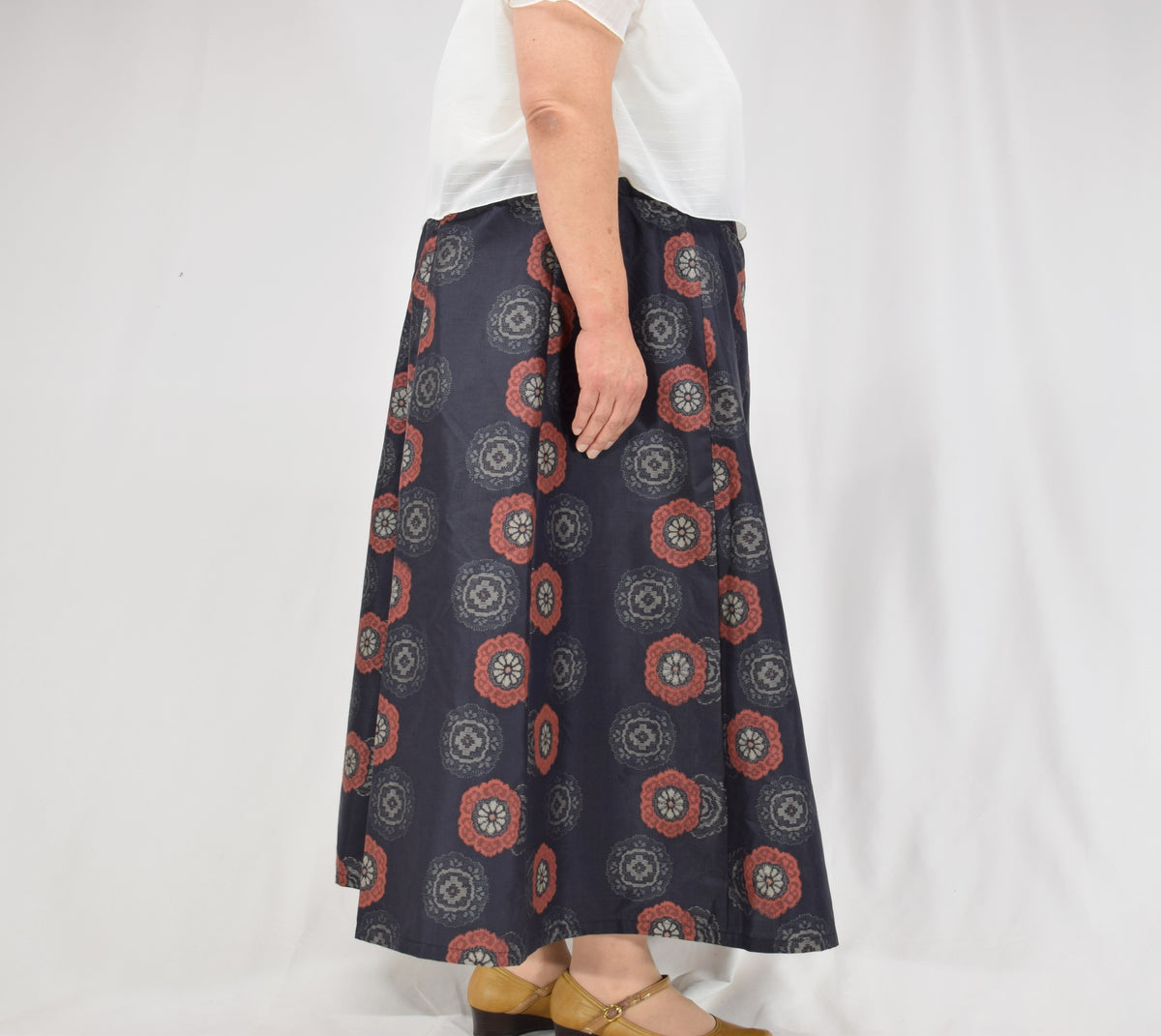 Eight-Panel Skirt, Navy Floral Medallion Motif, Upcycled Kimono Fabric
