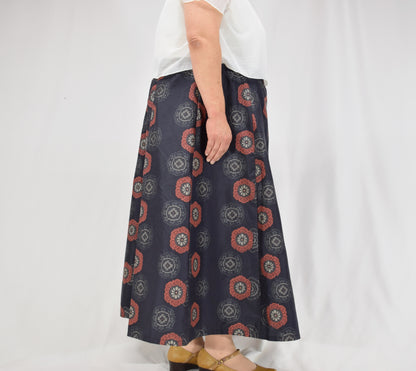 Eight-Panel Skirt, Navy Floral Medallion Motif, Upcycled Kimono Fabric