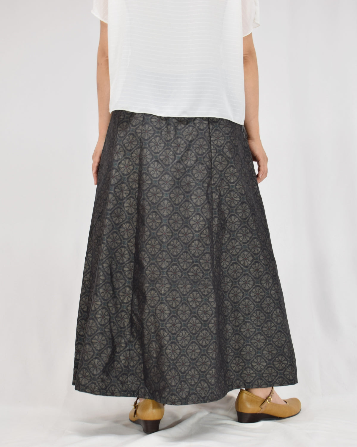 Six-Panel Skirt, Navy Circular Geometric Motif, Upcycled Kimono Fabric