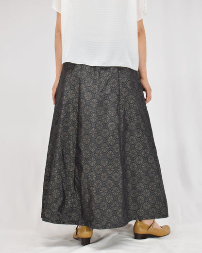 Six-Panel Skirt, Navy Circular Geometric Motif, Upcycled Kimono Fabric