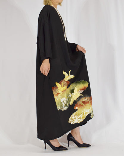 Elegant Kimono Dress, Crane, Pine and Wave Motif, Upcycled Tomesode Fabric