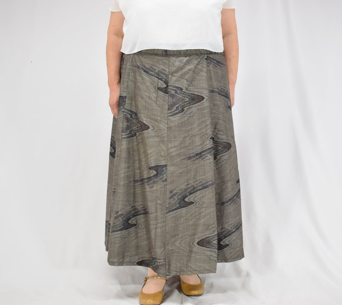 Eight-Panel Skirt, Gray Flowing Water Motif, Upcycled Kimono Fabric
