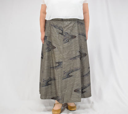 Eight-Panel Skirt, Gray Flowing Water Motif, Upcycled Kimono Fabric