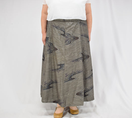 Eight-Panel Skirt, Gray Flowing Water Motif, Upcycled Kimono Fabric