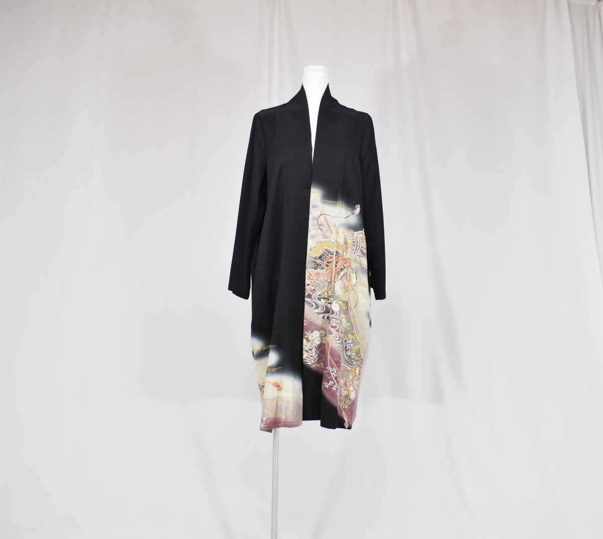 Haori Jacket, Black Tsuzumi Drum and Floral Motifs, Upcycled Kimono Fabric
